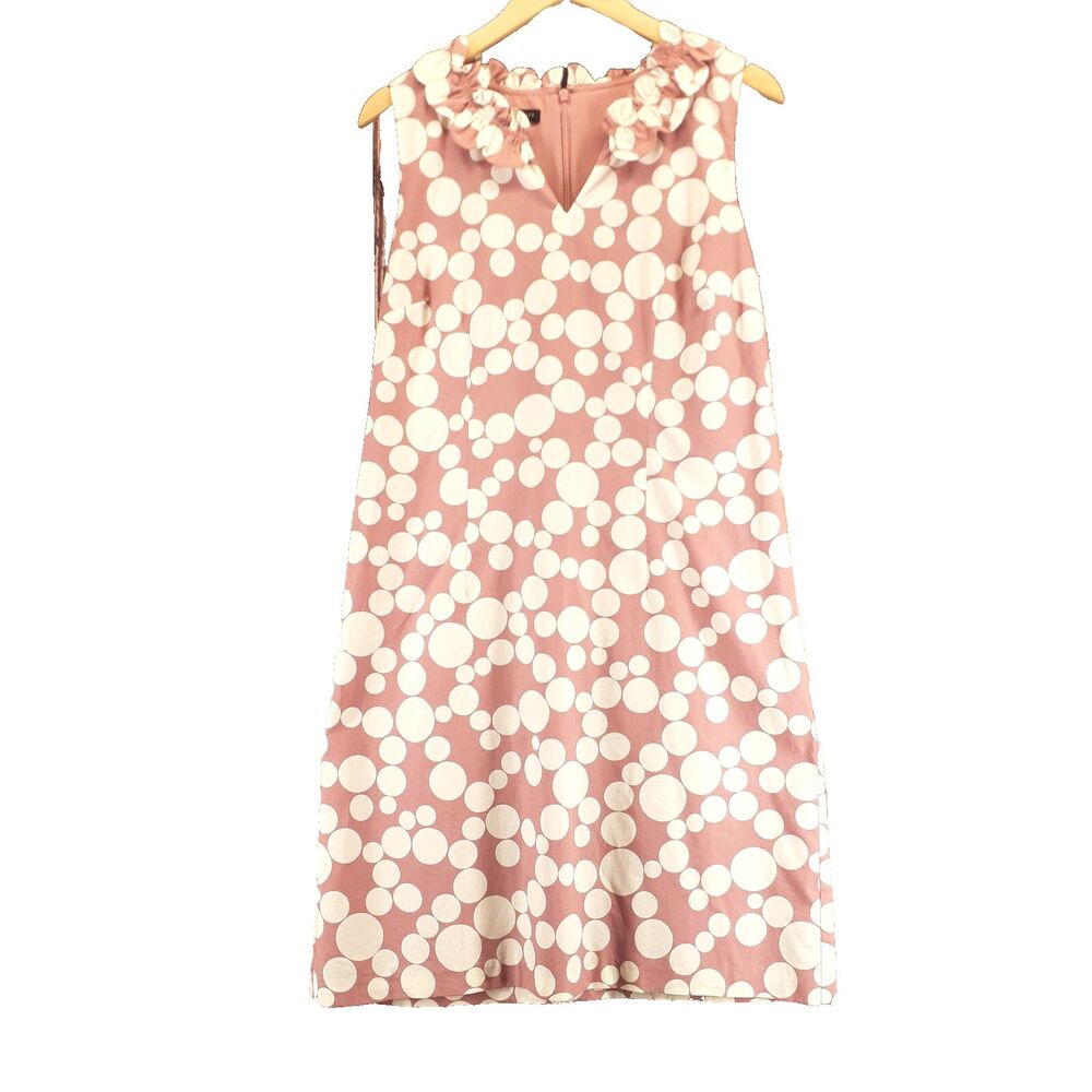 Talbots Dress Women 10 Mauve Pink Polka Dot Shift Midi V-Neck Sleeveless Cotton